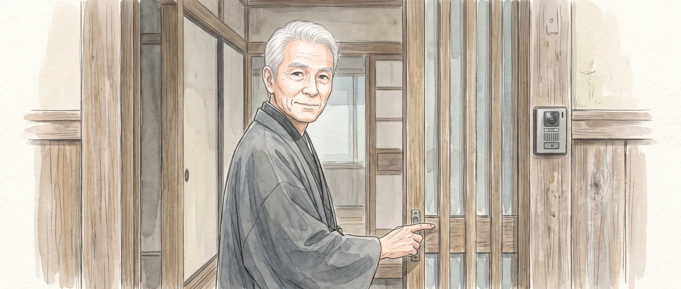 玄関で、戸締まりを確かめる