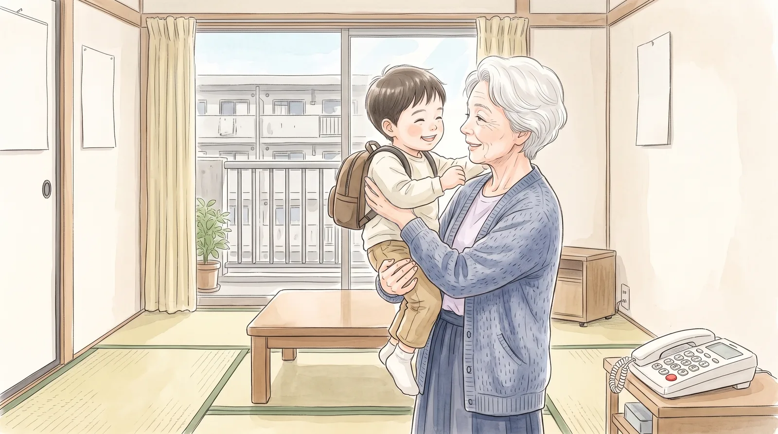 遊びに来た孫を、抱き上げて