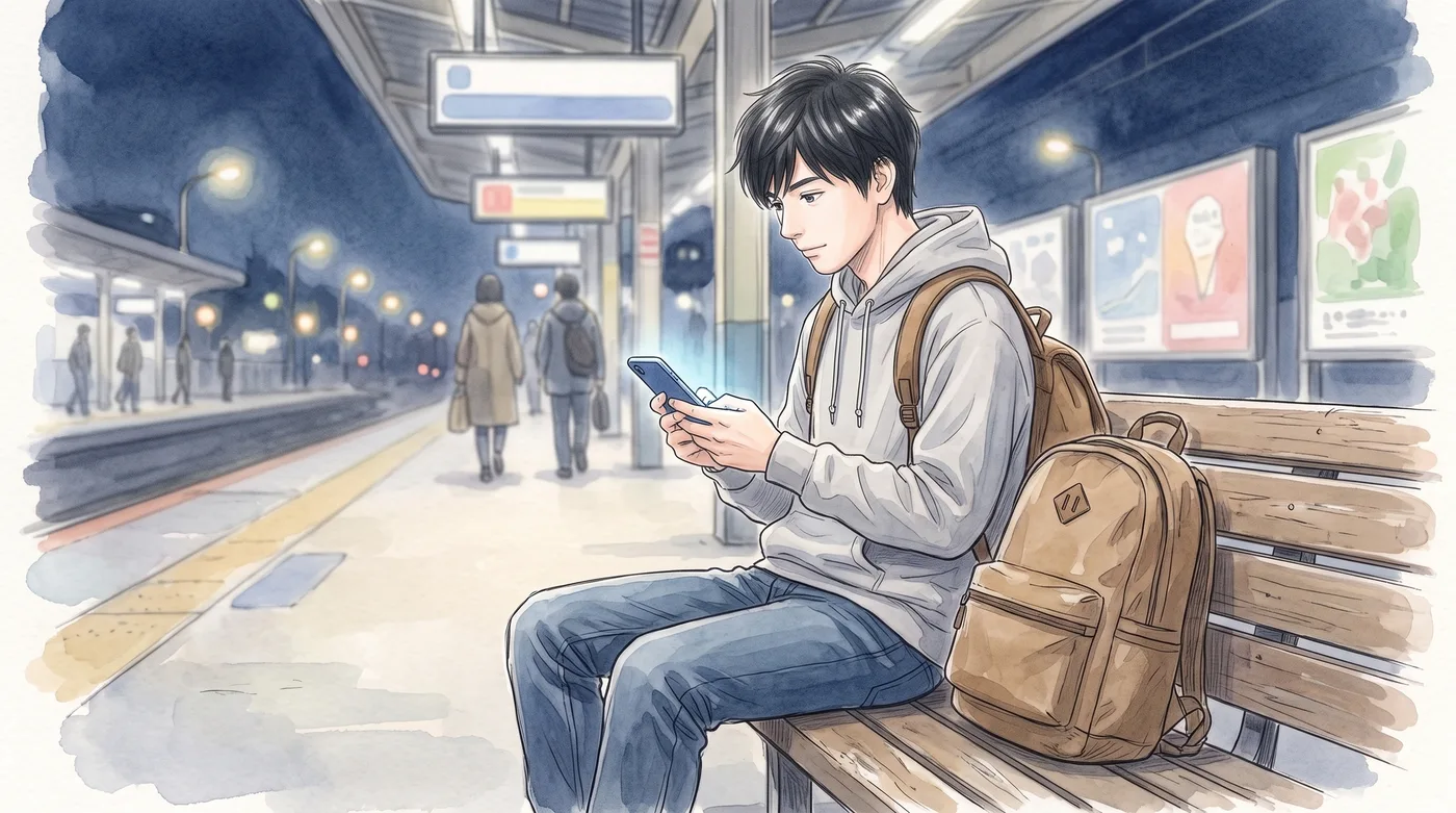 夜のホームで、電車を待つ