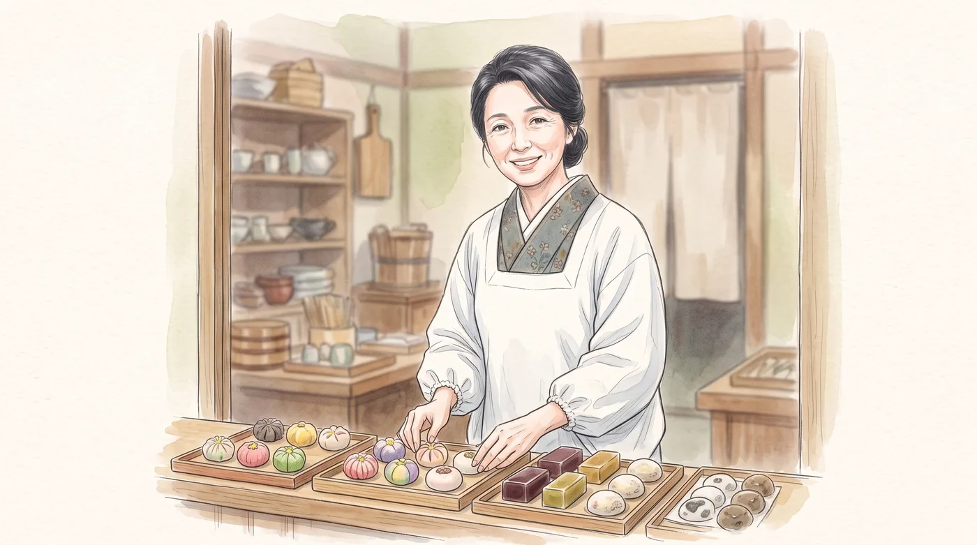 朝の店先で、季節の和菓子を並べる