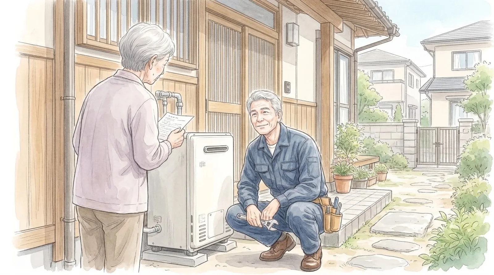 給湯器の前で。「水道局は、そんな回り方はせんよ」