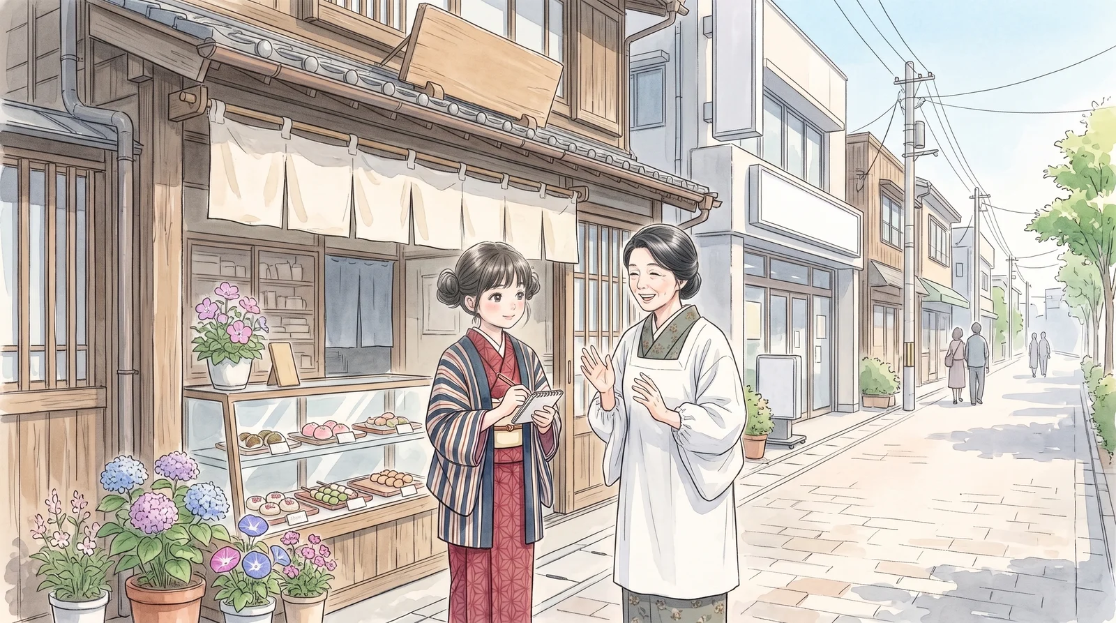 商店街の和菓子屋の店先で、柴田さんの話を帳面に書き留める凪