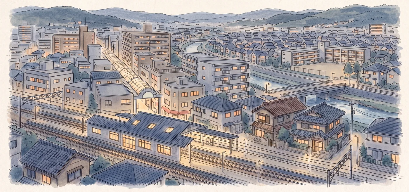 夕暮れの町。駅と線路、商店街、マンション、学校、川沿いの家々に灯がともりはじめている