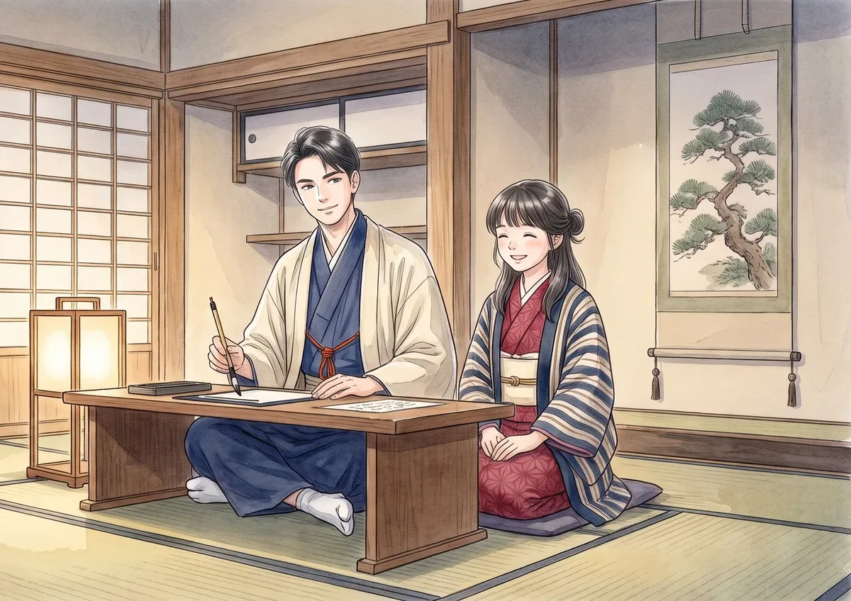 夜の主の間で、帳面をつける。妹と