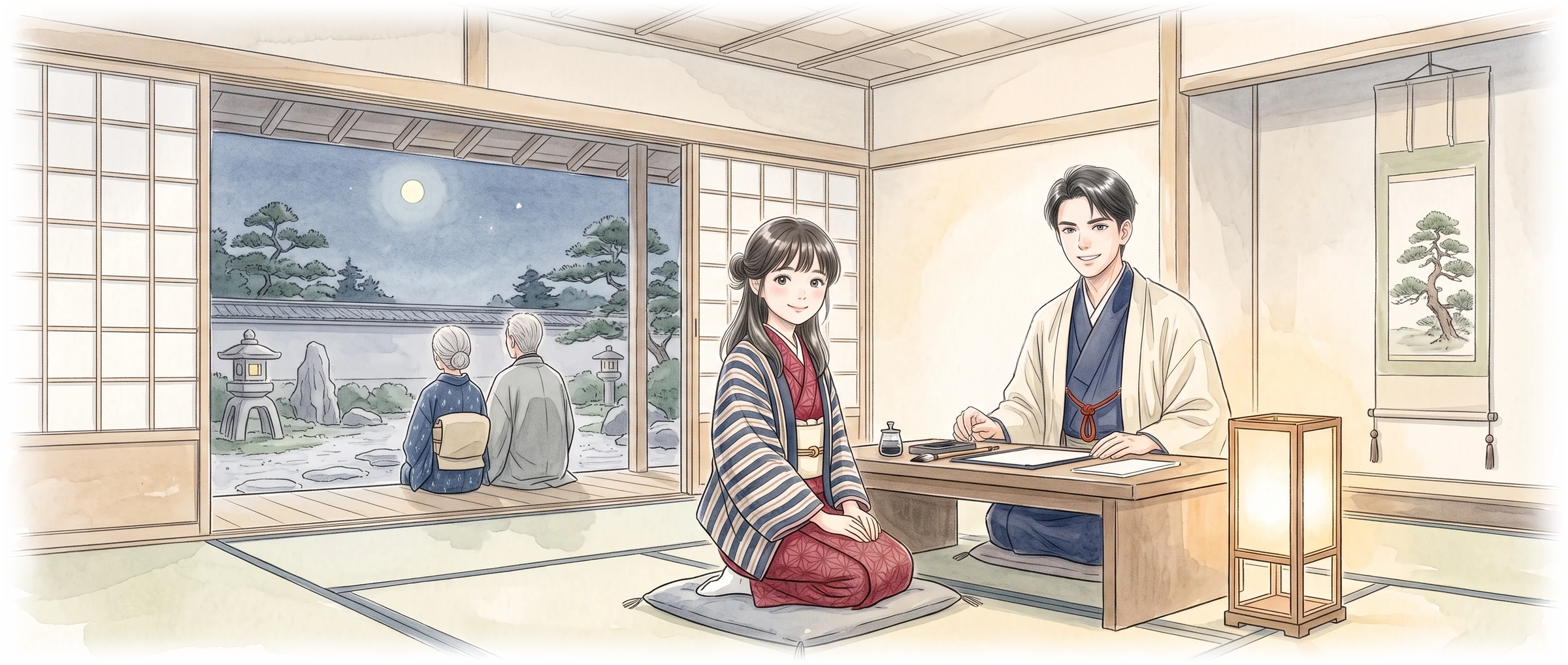 月夜の座敷。座布団に座ってこちらを向く凪と、文机の前で微笑む幸村。開いた障子の向こうの縁側で、祖父母が並んで月を見上げている