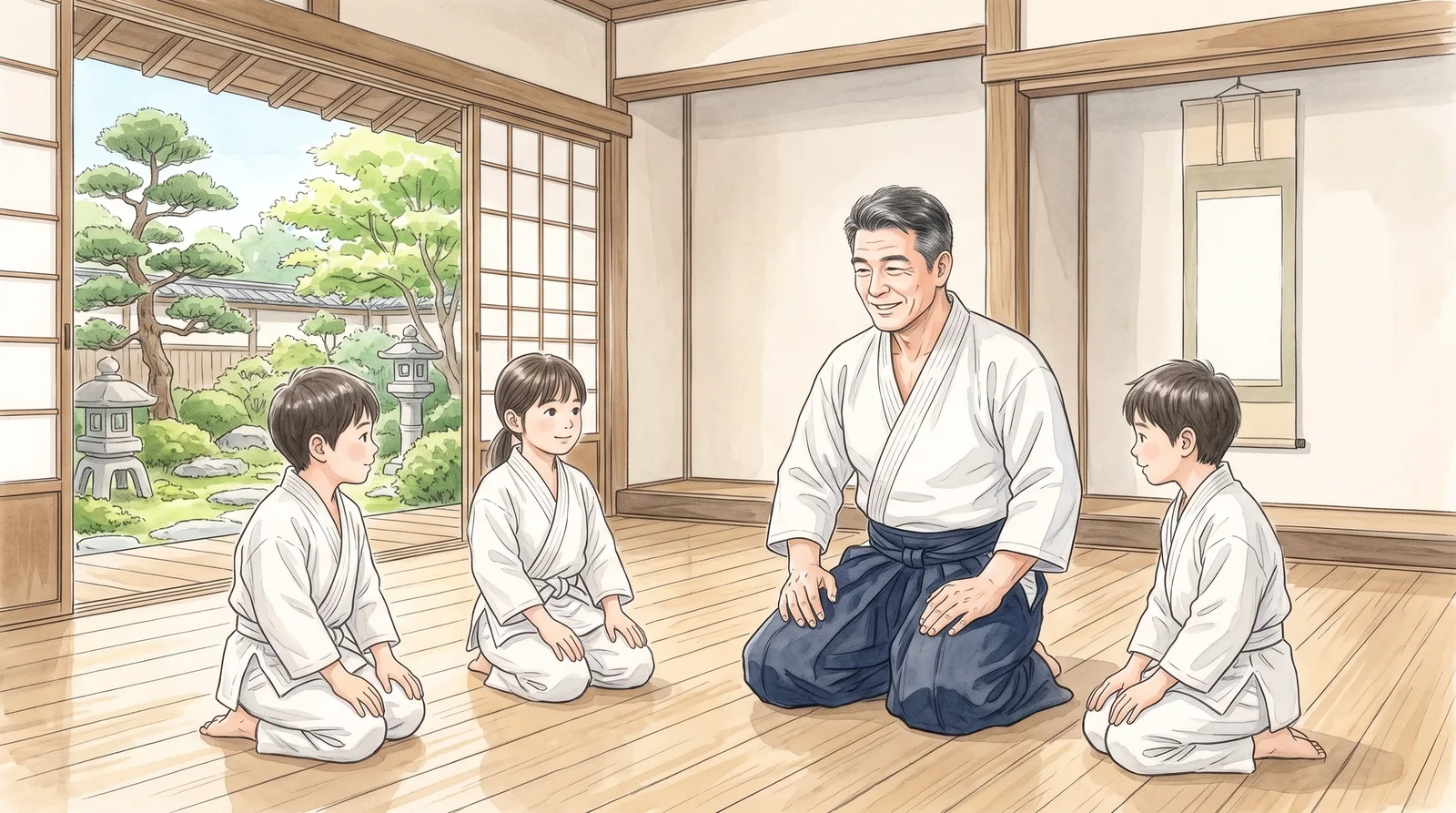 休みの日、屋敷の道場で子どもたちと