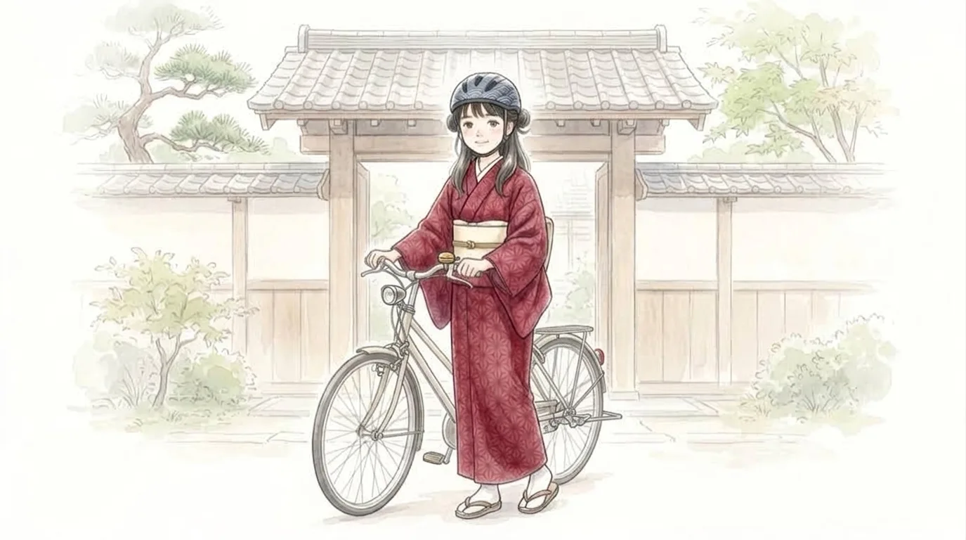自転車を押して門を出る凪