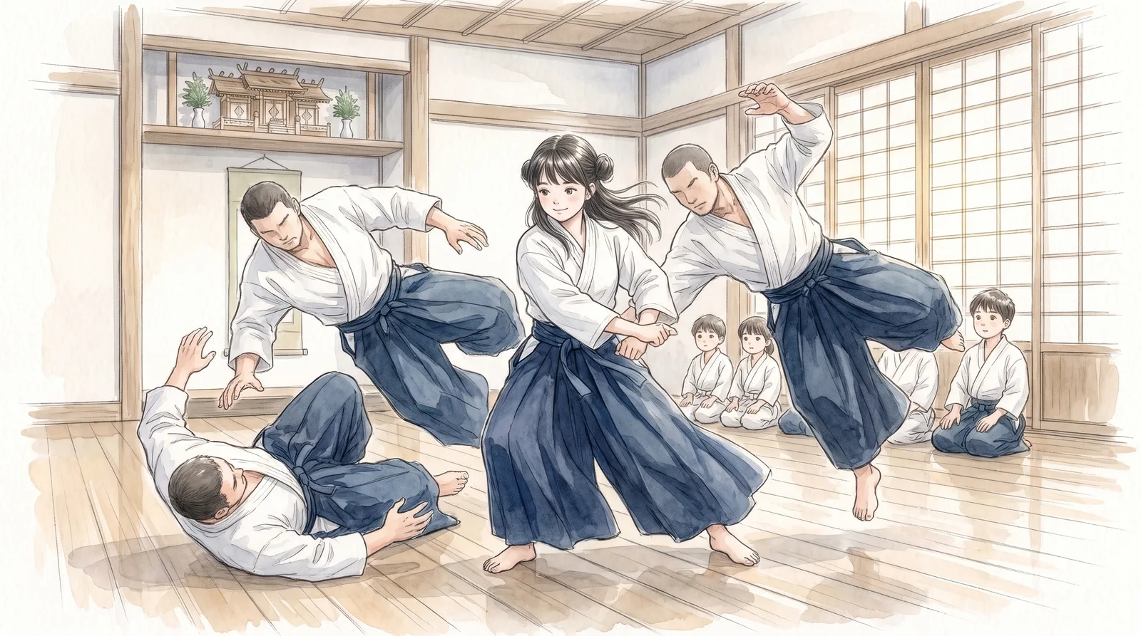 道場。三人掛けの稽古